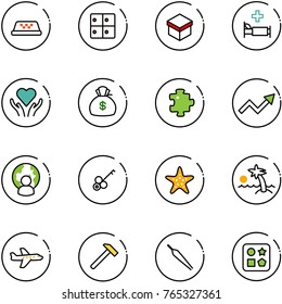 line vector icon set - taxi vector, baggage room, gift, hospital bed, heart care, money bag, puzzle, growth arrow, man globe, key, starfish, palm, plane, hammer, forceps, cube hole toy