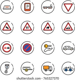 line vector icon set - taxi vector, parking sign, baggage truck, giving way road, multi lane traffic, oncoming, tractor, car crash, no overtake, key hand, limousine, piston, trailer, toy