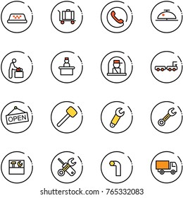 line vector icon set - taxi vector, baggage, phone, client bell, baby room, recieptionist, officer window, truck, open, rubber hammer, wrench, tool box, screwdriver, allen key, toy