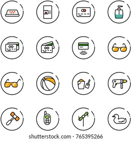 line vector icon set - taxi vector, coffee machine, credit card, liquid soap, tap pay, sunglasses, ball, bucket scoop, drill, toy hammer, phone, windmill, duck
