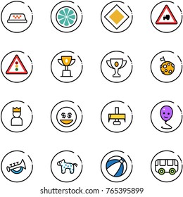 line vector icon set - taxi vector, lemon slice, main road sign, tractor way, traffic light, win cup, gold, moon flag, king, money smile, milling cutter, balloon, horn toy, horse, beach ball, bus