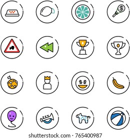 line vector icon set - taxi vector, lemon, slice, money torch, tractor way road sign, fast backward, win cup, gold, moon flag, king, smile, banana, balloon, horn toy, horse, beach ball