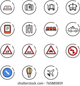 line vector icon set - taxi vector, suitcase, baggage, airport bus, parking sign, metal detector gate, waiting area, safety car, children road, rough, for moto, no left turn, detour, air balloon