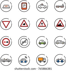 line vector icon set - taxi vector, parking sign, safety car, baggage truck, giving way road, tractor, slippery, steep roadside, no overtake, end limit, limousine, cabrio, wireless, toy
