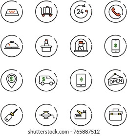 line vector icon set - taxi vector, baggage, 24 hours, phone, client bell, recieptionist, officer window, mobile payment, dollar pin, encashment car, open, screwdriver, jack, stapler, tool box