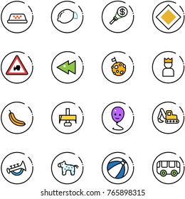line vector icon set - taxi vector, lemon, money torch, main road sign, tractor way, fast backward, moon flag, king, banana, milling cutter, balloon smile, excavator toy, horn, horse, beach ball