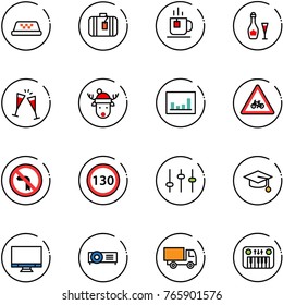 line vector icon set - taxi vector, suitcase, tea, wine, glasses, christmas deer hat, statistics, road for moto sign, no left turn, speed limit 130, settings, graduate, monitor, projector, truck toy