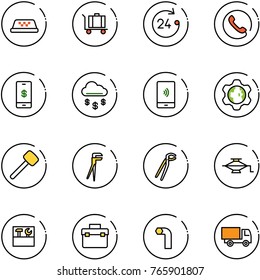 line vector icon set - taxi vector, baggage, 24 hours, phone, mobile payment, money rain, gear globe, rubber hammer, plumber, jack, tool box, allen key, truck toy