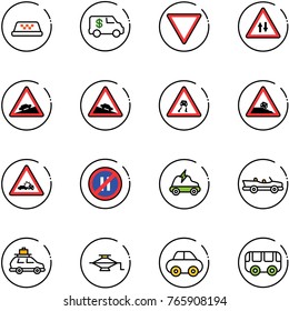 line vector icon set - taxi vector, encashment car, giving way road sign, oncoming traffic, climb, steep descent, slippery, roadside, crash, no parking even, electric, cabrio, baggage, jack, toy bus