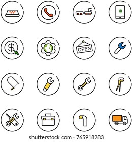 line vector icon set - taxi vector, phone, baggage truck, mobile payment, money click, gear globe, open, wrench, fretsaw, plumber, screwdriver, tool box, allen key, toy