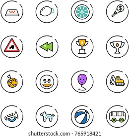 line vector icon set - taxi vector, lemon, slice, money torch, tractor way road sign, fast backward, win cup, gold, moon flag, smile, balloon, excavator toy, horn, horse, beach ball, bus