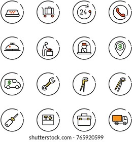 line vector icon set - taxi vector, baggage, 24 hours, phone, client bell, baby room, officer window, dollar pin, encashment car, wrench, plumber, screwdriver, tool box, truck toy