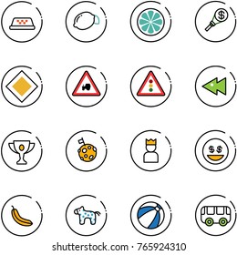 line vector icon set - taxi vector, lemon, slice, money torch, main road sign, tractor way, traffic light, fast backward, gold cup, moon flag, king, smile, banana, toy horse, beach ball, bus