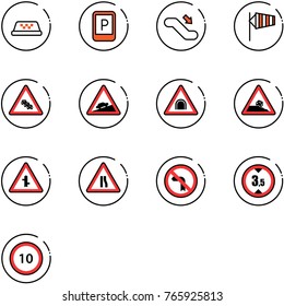 line vector icon set - taxi vector, parking sign, escalator down, side wind, multi lane traffic road, climb, tunnel, steep roadside, intersection, narrows, no left turn, limited height