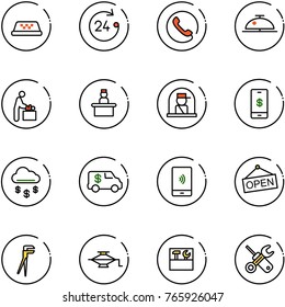 line vector icon set - taxi vector, 24 hours, phone, client bell, baby room, recieptionist, officer window, mobile payment, money rain, encashment car, open, plumber, jack, tool box