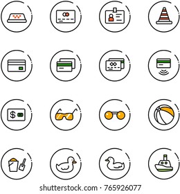line vector icon set - taxi vector, credit card, identity, road cone, tap pay, sunglasses, ball, bucket scoop, duck toy, boat