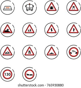 line vector icon set - taxi vector, airport bus, tunnel road sign, slippery, steep roadside, children, intersection, car crash, narrows, artificial unevenness, limited distance, speed limit 130