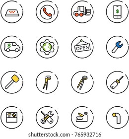 line vector icon set - taxi vector, phone, fork loader, mobile payment, encashment car, gear globe, open, wrench, rubber hammer, plumber, screwdriver, tool box, stapler, allen key