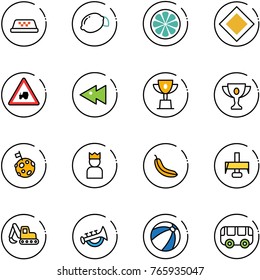 line vector icon set - taxi vector, lemon, slice, main road sign, tractor way, fast backward, win cup, gold, moon flag, king, banana, milling cutter, excavator toy, horn, beach ball, bus