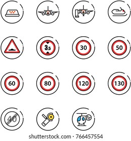 line vector icon set - taxi vector, plane, boarding passengers, snowmobile, artificial unevenness road sign, limited height, speed limit 30, 50, 60, 80, 120, 130, end, Angular grinder