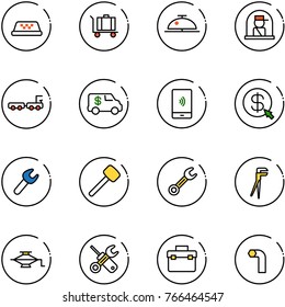 line vector icon set - taxi vector, baggage, client bell, officer window, truck, encashment car, mobile payment, money click, wrench, rubber hammer, plumber, jack, screwdriver, tool box, allen key