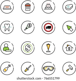 line vector icon set - taxi vector, trash bin, cake, meat, tooth, money torch, no truck road sign, cursor, user password, dollar, pennant, home, fizz opening, clinch, protective glasses