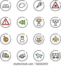 line vector icon set - taxi vector, lemon, money torch, tractor way road sign, traffic light, fast backward, win cup, gold, moon flag, king, smile, milling cutter, excavator toy, horn, horse, bus