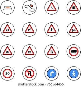 line vector icon set - taxi vector, escalator down, turn left road sign, tunnel, children, wild animals, intersection, side wind, railway, narrows, no truck, speed limit 50, back, only right