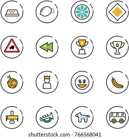 line vector icon set - taxi vector, lemon, slice, main road sign, tractor way, fast backward, win cup, gold, moon flag, king, money smile, banana, milling cutter, horn toy, horse, bus
