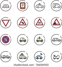 line vector icon set - taxi vector, parking sign, safety car, encashment, giving way road, multi lane traffic, oncoming, gravel, no even, electric, limousine, cabrio, baggage, wireless, baby