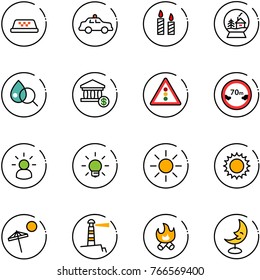 line vector icon set - taxi vector, safety car, candle, snowball house, blood test, account, traffic light road sign, limited distance, idea, bulb, sun, beach, lighthouse, fire, moon lamp