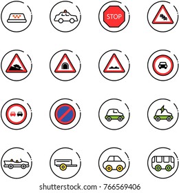 line vector icon set - taxi vector, safety car, stop road sign, multi lane traffic, steep descent, tunnel, rough, no, overtake, parking, electric, cabrio, trailer, toy bus