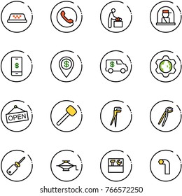 line vector icon set - taxi vector, phone, baby room, officer window, mobile payment, dollar pin, encashment car, gear globe, open, rubber hammer, plumber, screwdriver, jack, tool box, allen key