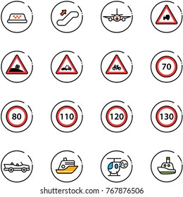 line vector icon set - taxi vector, escalator up, plane, tractor way road sign, steep roadside, car crash, for moto, speed limit 70, 80, 110, 120, 130, cabrio, cruiser, helicopter toy, boat