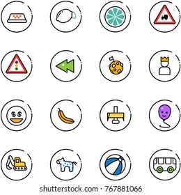 line vector icon set - taxi vector, lemon, slice, tractor way road sign, traffic light, fast backward, moon flag, king, money smile, banana, milling cutter, balloon, excavator toy, horse, beach ball