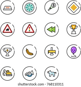 line vector icon set - taxi vector, lemon slice, money torch, main road sign, tractor way, traffic light, fast backward, win cup, gold, banana, milling cutter, balloon smile, excavator toy, horn