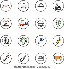 line vector icon set - taxi vector, baggage, client bell, baby room, officer window, fork loader, money rain, dollar pin, click, gear globe, wrench, screwdriver, tool box, truck toy