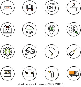 line vector icon set - taxi vector, baggage, 24 hours, recieptionist, officer window, money rain, dollar pin, click, gear globe, open, fretsaw, screwdriver, tool box, allen key, truck toy