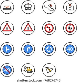 line vector icon set - taxi vector, airport bus, escalator down, terrorism, intersection road sign, no left turn, limited height, only forward right, circle, minimal speed limit, end, excavator toy