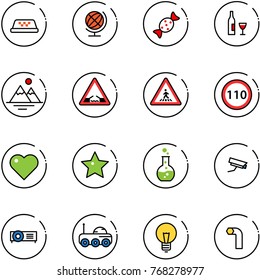 line vector icon set - taxi vector, globe, candy, wine, mountains, drawbridge road sign, pedestrian, speed limit 110, heart, star, round flask, surveillance camera, projector, moon rover, bulb