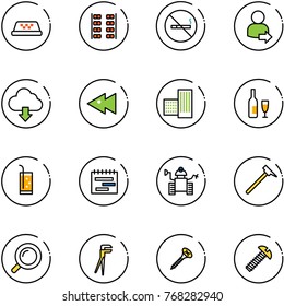 line vector icon set - taxi vector, plane seats, no smoking sign, user login, download cloud, fast backward, building, wine, drink, terms plan, robot, mason hammer, magnifier, plumber, screw