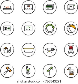 line vector icon set - taxi vector, credit card, exchange, refresh, ball, bucket scoop, basin, pipe welding, pyramid toy, hammer, phone, windmill, duck