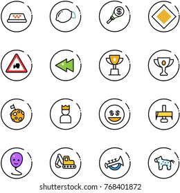line vector icon set - taxi vector, lemon, money torch, main road sign, tractor way, fast backward, win cup, gold, moon flag, king, smile, milling cutter, balloon, excavator toy, horn, horse