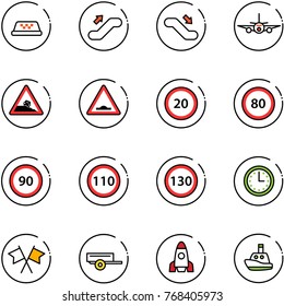 line vector icon set - taxi vector, escalator up, down, plane, steep roadside road sign, artificial unevenness, speed limit 20, 80, 90, 110, 130, time, flags cross, trailer, rocket, toy boat