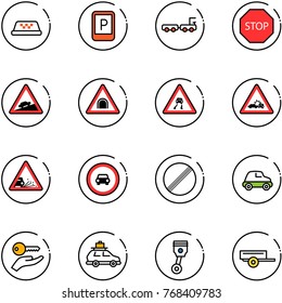 line vector icon set - taxi vector, parking sign, baggage truck, stop road, climb, tunnel, slippery, car crash, gravel, no, limit, key hand, piston, trailer