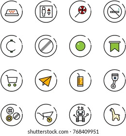 line vector icon set - taxi vector, elevator, lollipop, no smoking sign, cent, limit road, record, flag, cart, paper fly, drink, piston, rivet, wheelbarrow, robot, toy giraffe