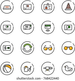 line vector icon set - taxi vector, credit card, identity, road cone, tap pay, refresh, sunglasses, ball, bucket scoop, pipe welding, toy duck