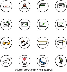 line vector icon set - taxi vector, road cone, credit card, tap pay, exchange, sunglasses, bucket scoop, basin, drill machine, duck toy, pyramid, ball, phone