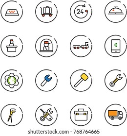 line vector icon set - taxi vector, baggage, 24 hours, client bell, recieptionist, officer window, truck, mobile payment, gear globe, wrench, rubber hammer, plumber, screwdriver, tool box, toy