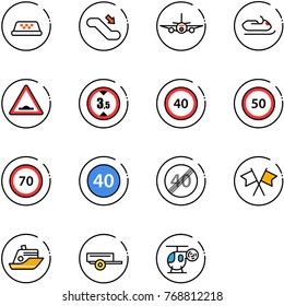line vector icon set - taxi vector, escalator down, plane, snowmobile, artificial unevenness road sign, limited height, speed limit 40, 50, 70, minimal, end, flags cross, cruiser, trailer